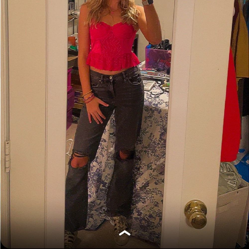 American Eagle black distressed straight leg flare jeans